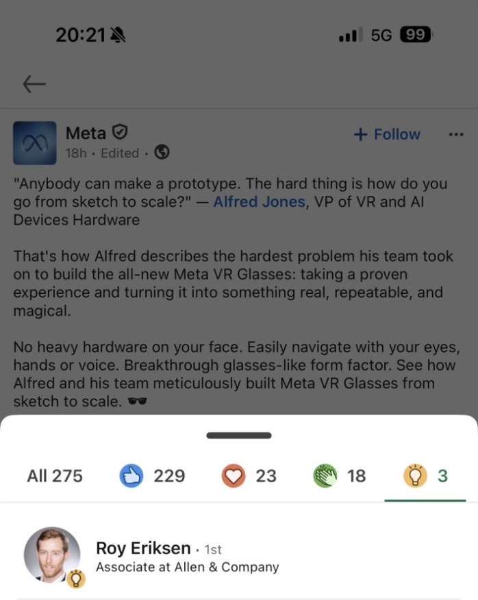 Original LinkedIn screenshot showing Roy Eriksen with the requested lightbulb reaction